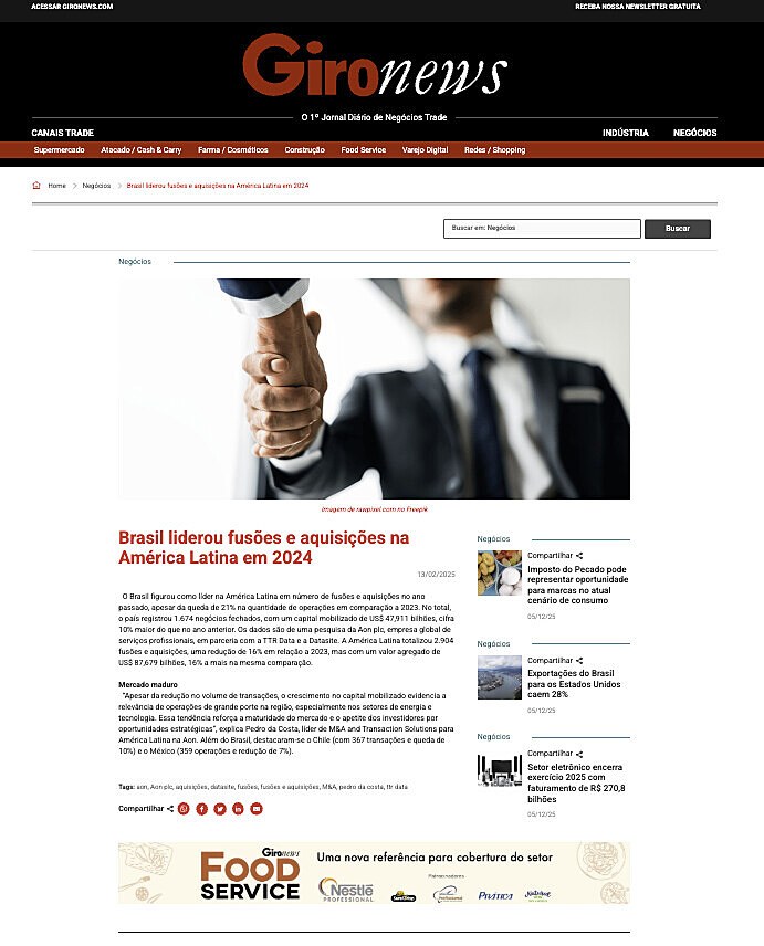 Brasil liderou fus�es e aquisi��es na Am�rica Latina em 2024